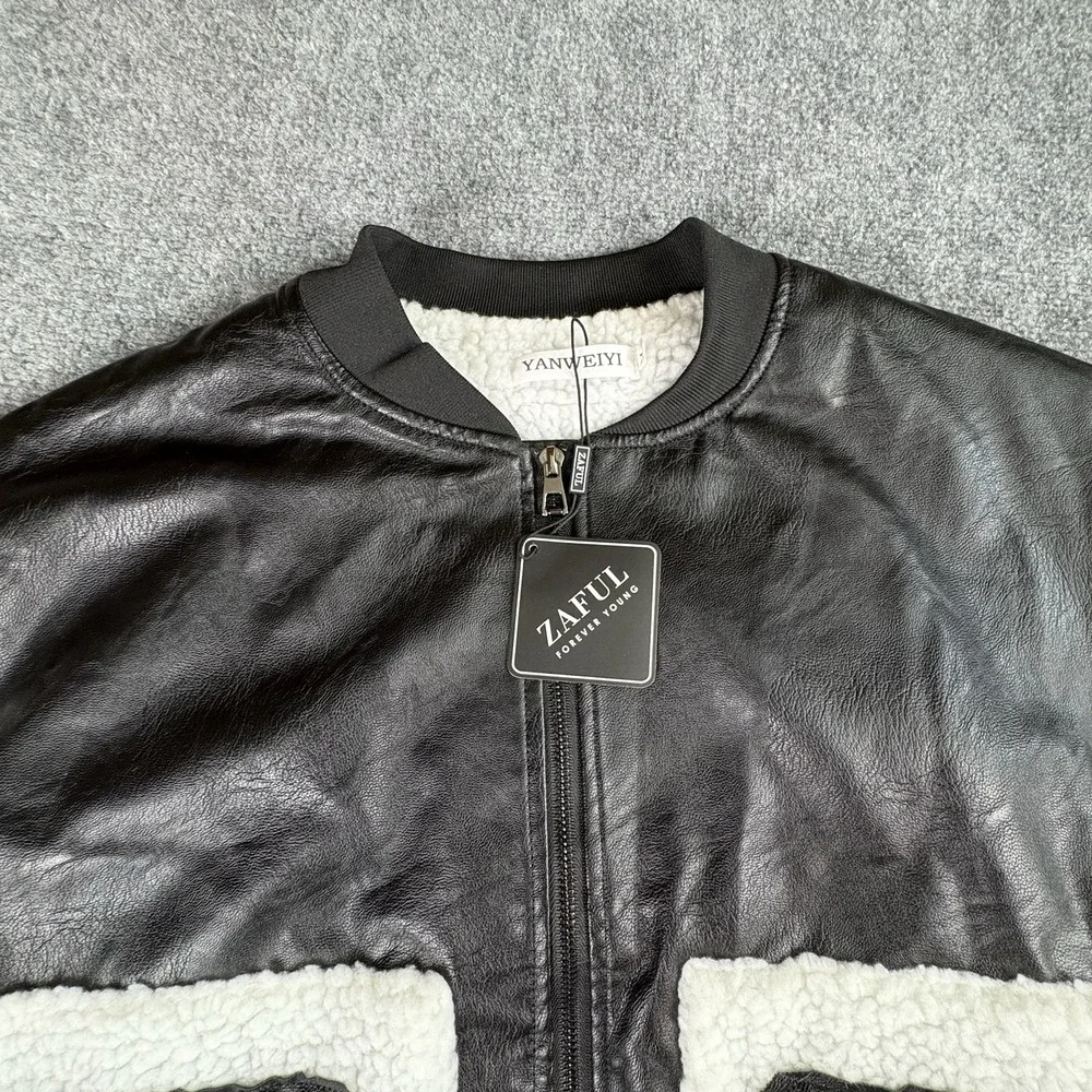 Zaful Yanweiyi‎ Jacket Women M Black White Faux Leather Sherpa Bomber Y2K Baddie - Picture 3 of 13